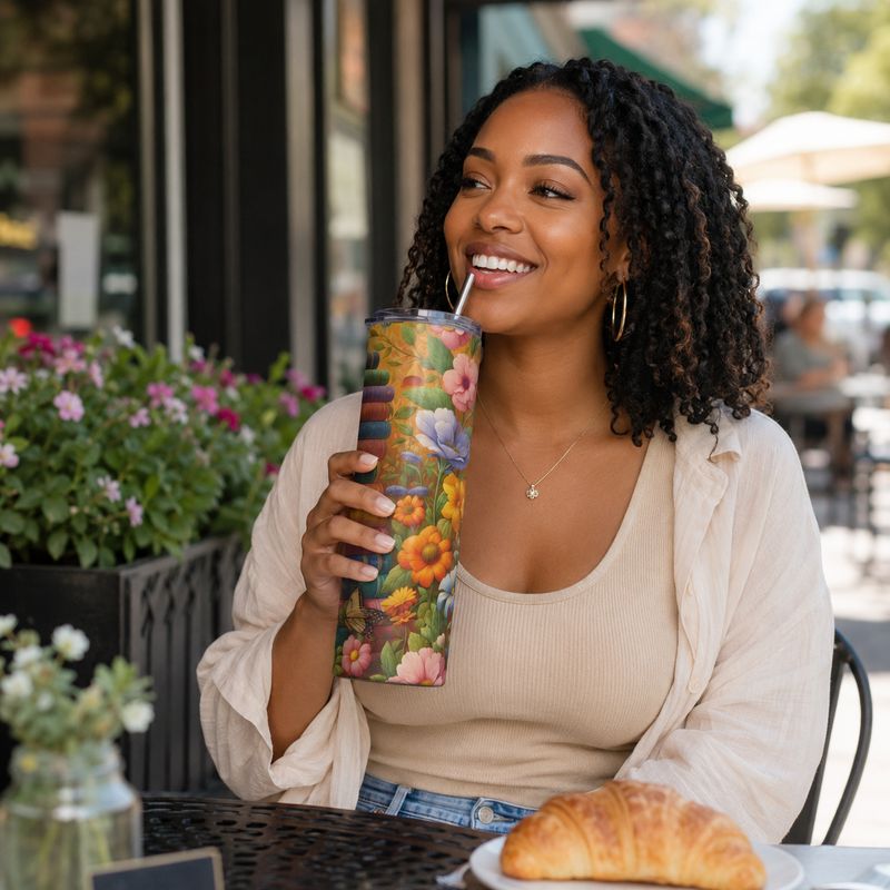 Smiling woman at an outdoor café holding a 20 oz floral book tumbler with a metal straw.