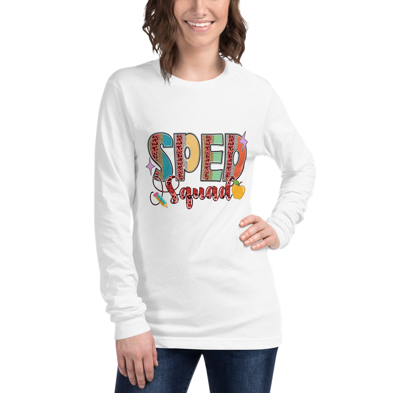 Woman modeling a white SPED Squad long-sleeve special education teacher shirt with a colorful school-themed design.