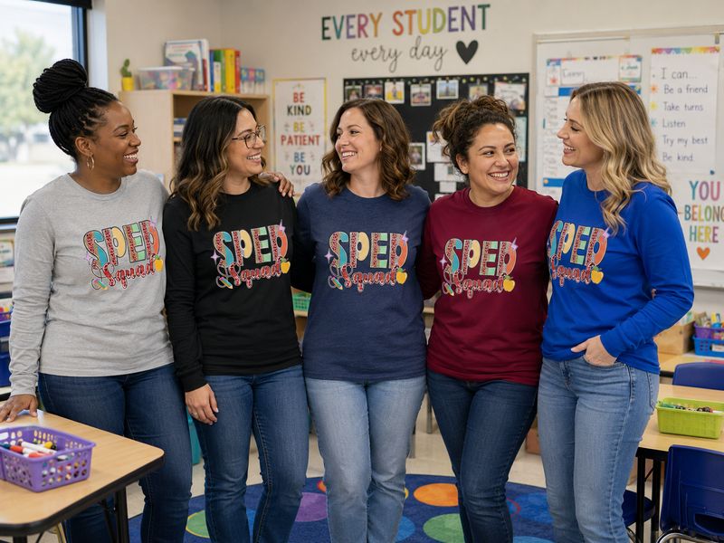 Five special education teachers wearing colorful SPED Squad long-sleeve shirts together in a welcoming classroom.