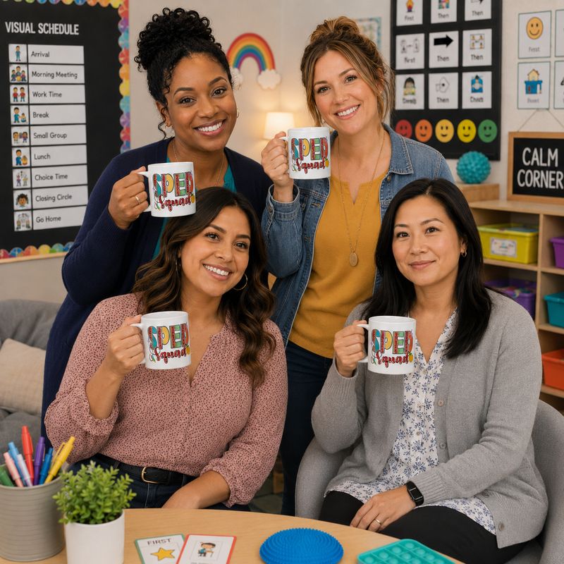 Four special education teachers holding SPED Squad mugs in a classroom with visual schedules and sensory tools.