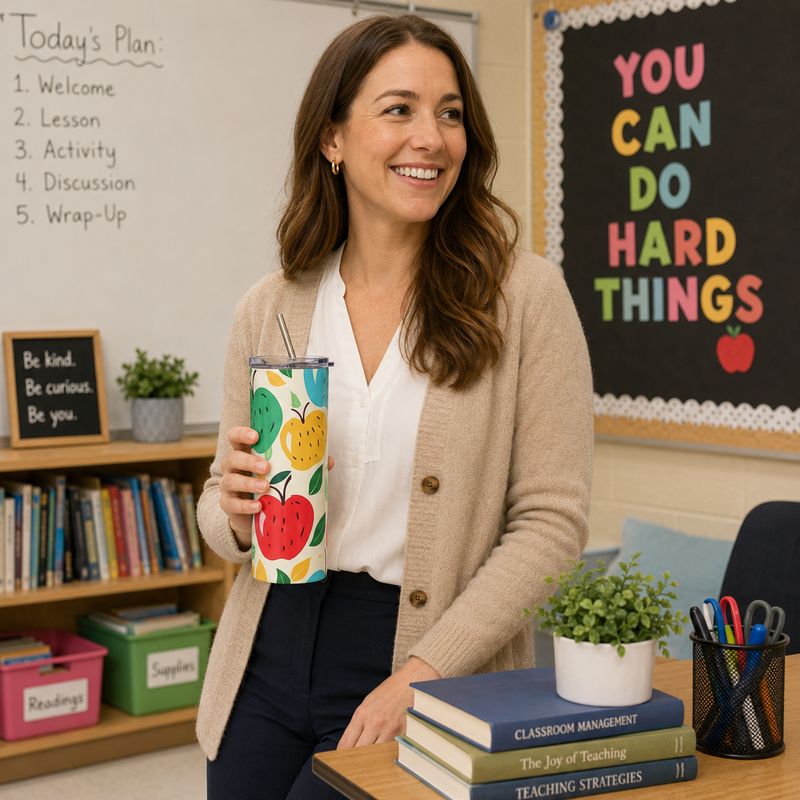 Smiling teacher holding a colorful 20 oz apple-themed tumbler in a bright classroom.