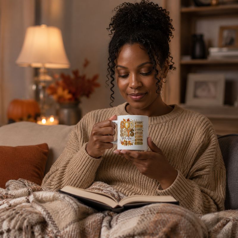Black woman reading while holding an 11 oz “God Says You Are” Christian mug in a warm living room.