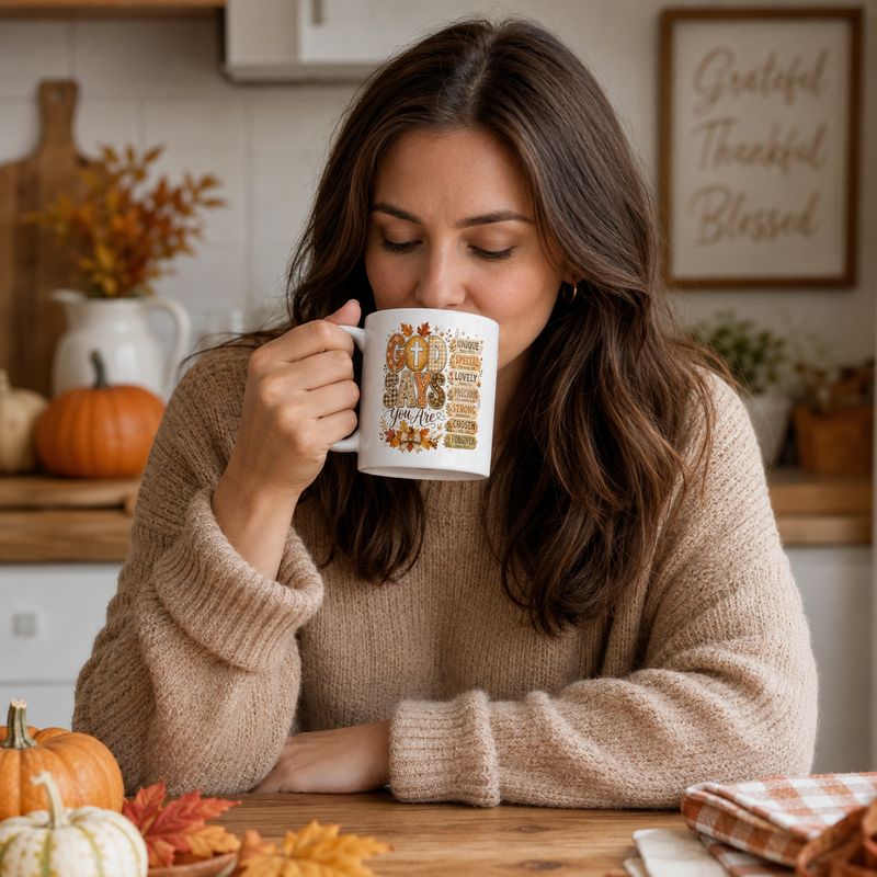Woman sipping from an 11 oz “God Says You Are” Christian mug in a cozy fall kitchen.