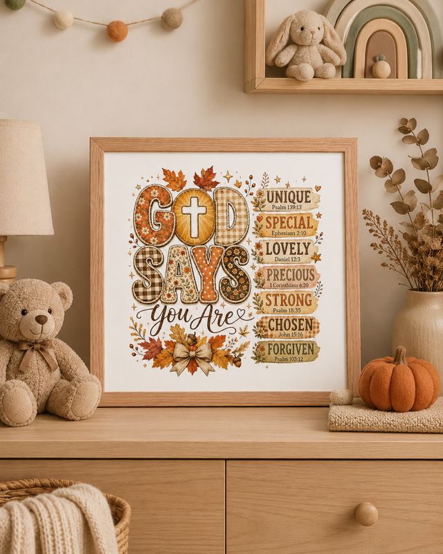 Red oak framed “God Says You Are” Christian fall print displayed on a cozy nursery dresser.