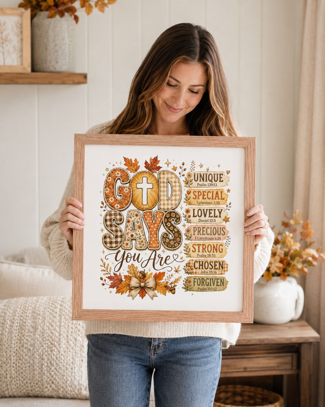 Woman holding a red oak framed “God Says You Are” Christian fall scripture print.