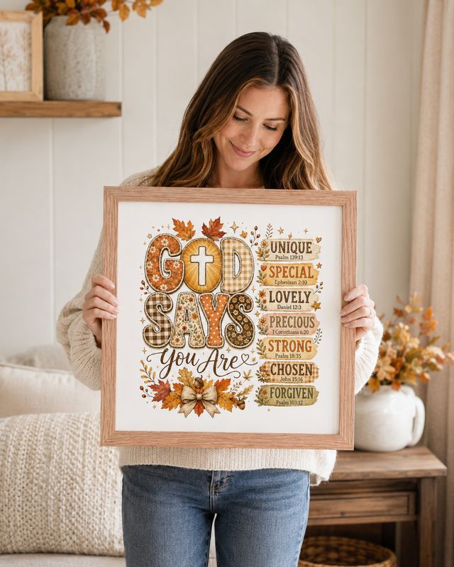 Woman holding a red oak framed “God Says You Are” Christian fall scripture print.