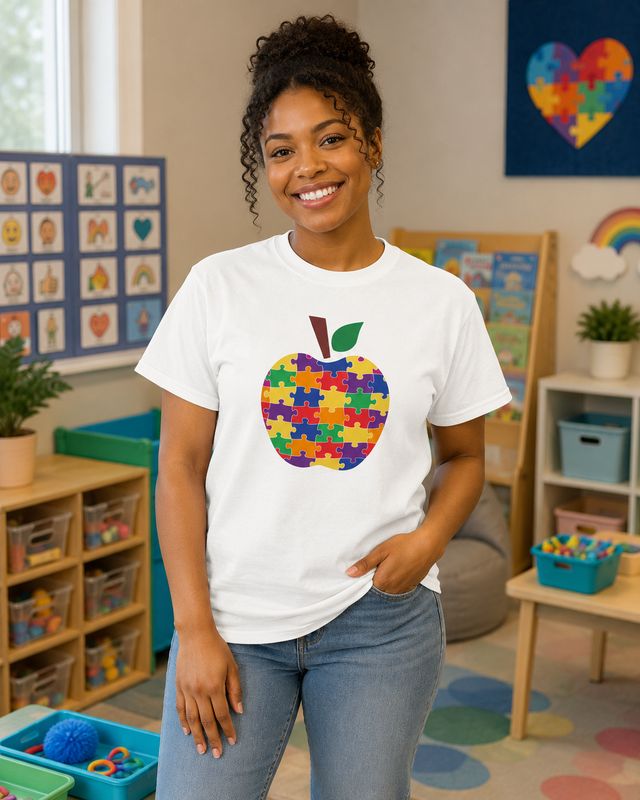 Black teacher wearing a white puzzle apple T-shirt in a sensory-friendly autism classroom.