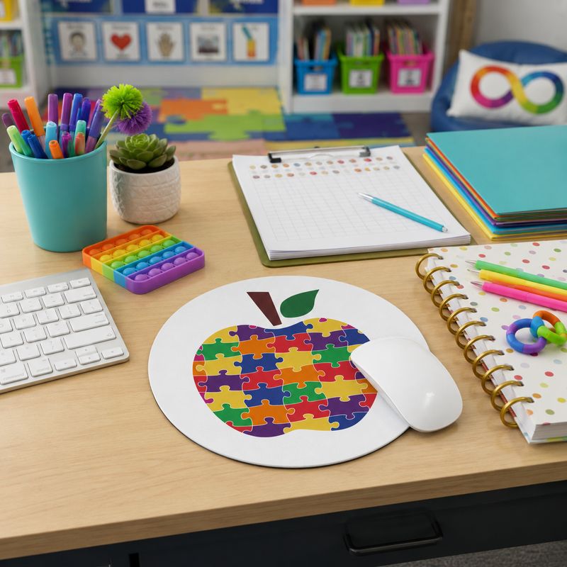 Autism awareness apple mouse pad on a special education teacher’s desk with sensory tools and folders.