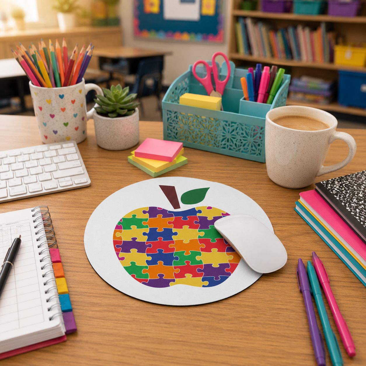 Round autism awareness puzzle apple mouse pad on an elementary teacher’s desk with colorful classroom supplies.