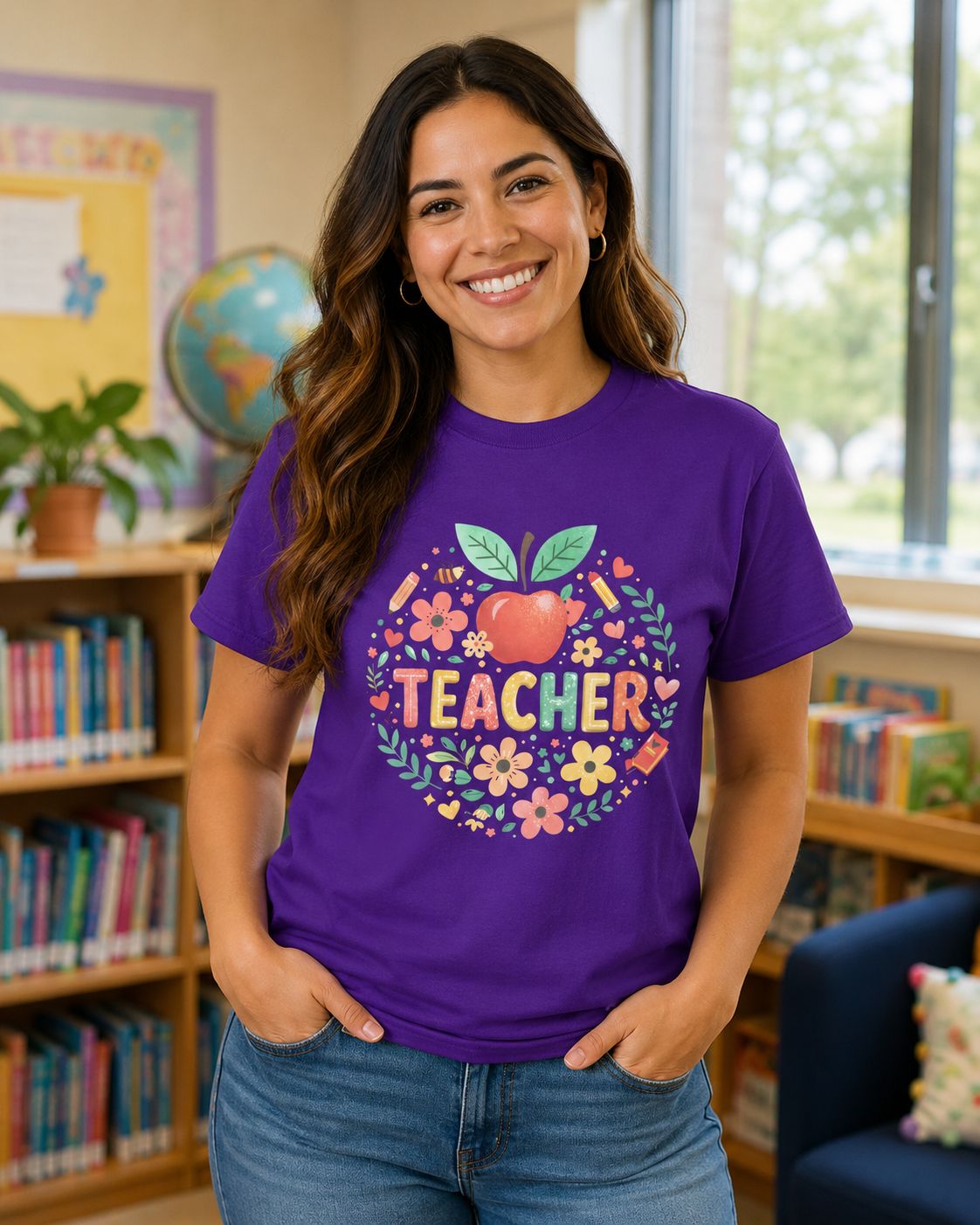 Smiling female teacher wearing a purple apple and floral Teacher T-shirt in a cozy school library.