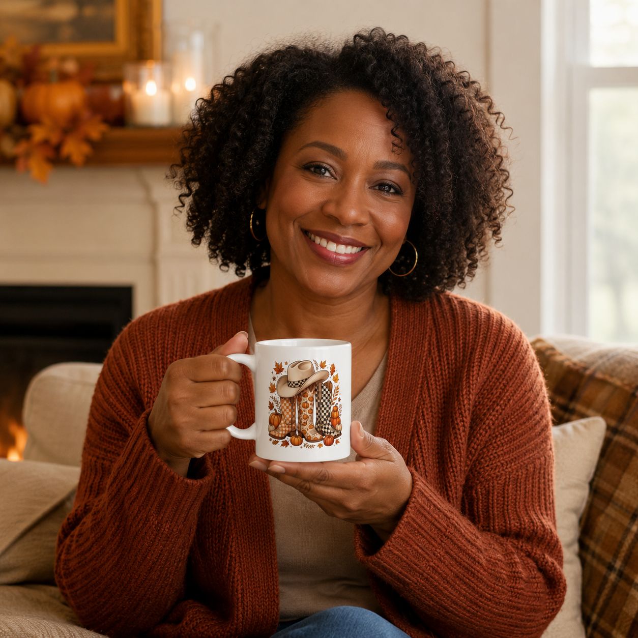 Black woman holding an 11 oz cowboy boot and pumpkin mug in a warm fall living room.