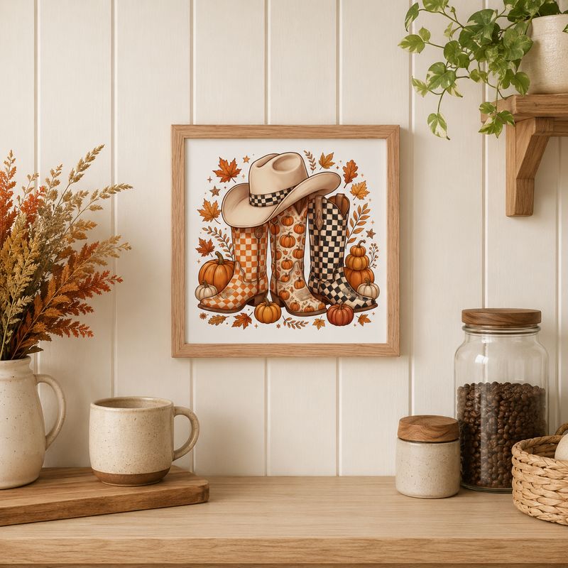 Red oak framed fall cowboy boots print displayed in a cozy farmhouse kitchen coffee nook.