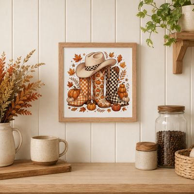 Red oak framed fall cowboy boots print displayed in a cozy farmhouse kitchen coffee nook.