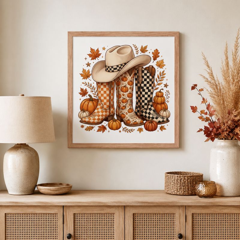 Red oak framed autumn cowboy boots wall art with pumpkins above a woven console cabinet.