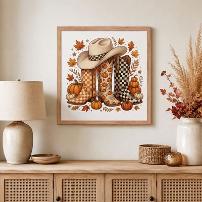 Red oak framed autumn cowboy boots wall art with pumpkins above a woven console cabinet.