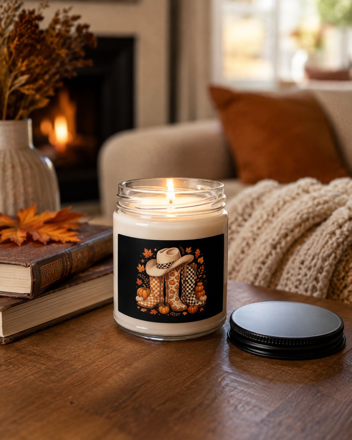 Lit 9 oz fall cowboy boots soy candle on a coffee table with books, autumn leaves, and a cozy fireplace.