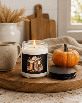 Lit 9 oz fall cowboy boots soy candle on a kitchen tray with a mug, pumpkin, and farmhouse decor.
