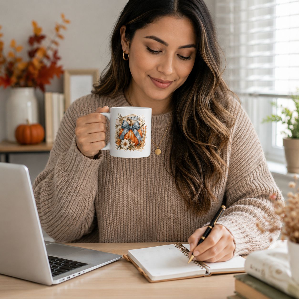Latina woman journaling at a home office desk while holding an 11 oz fall pumpkin mug.