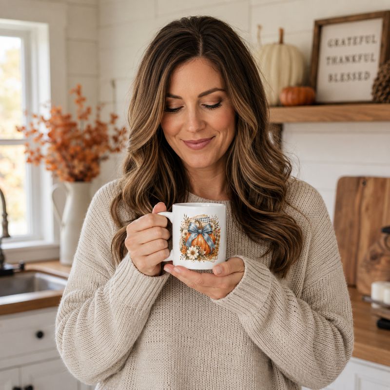 Woman in farmhouse kitchen holding an 11 oz fall pumpkin mug with a blue bow and daisies.