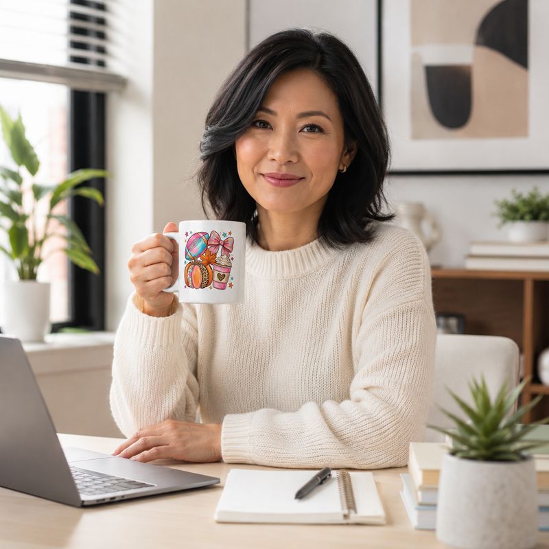Asian woman holding an 11 oz fall football mug at a bright home office desk.