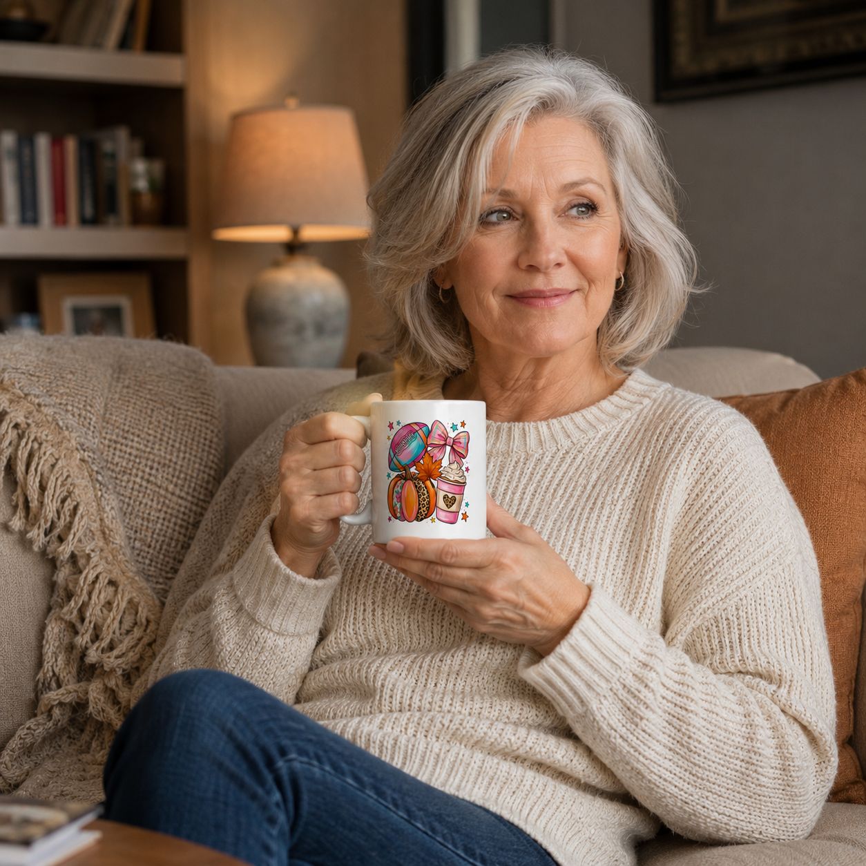 Older woman holding an 11 oz fall football mug in a warm, inviting living room.