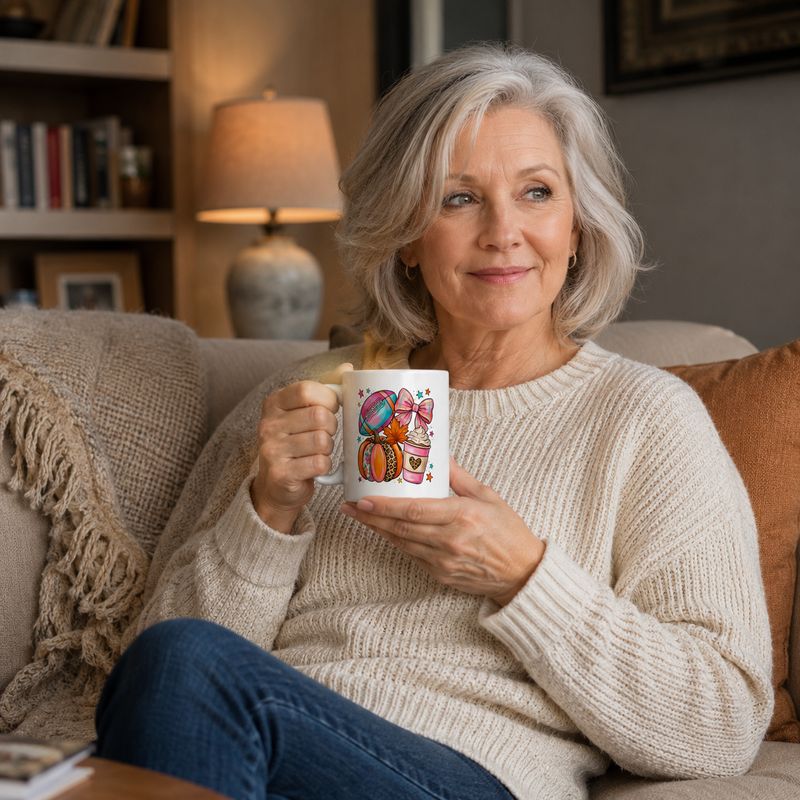 Older woman holding an 11 oz fall football mug in a warm, inviting living room.