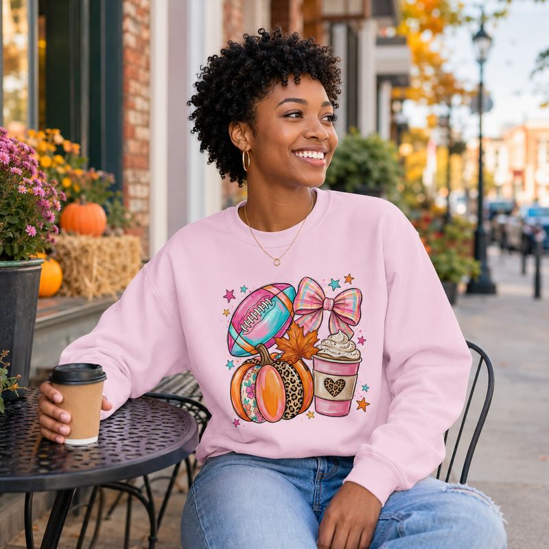 Young Black woman wearing a light pink football and pumpkin sweatshirt at an outdoor fall café.
