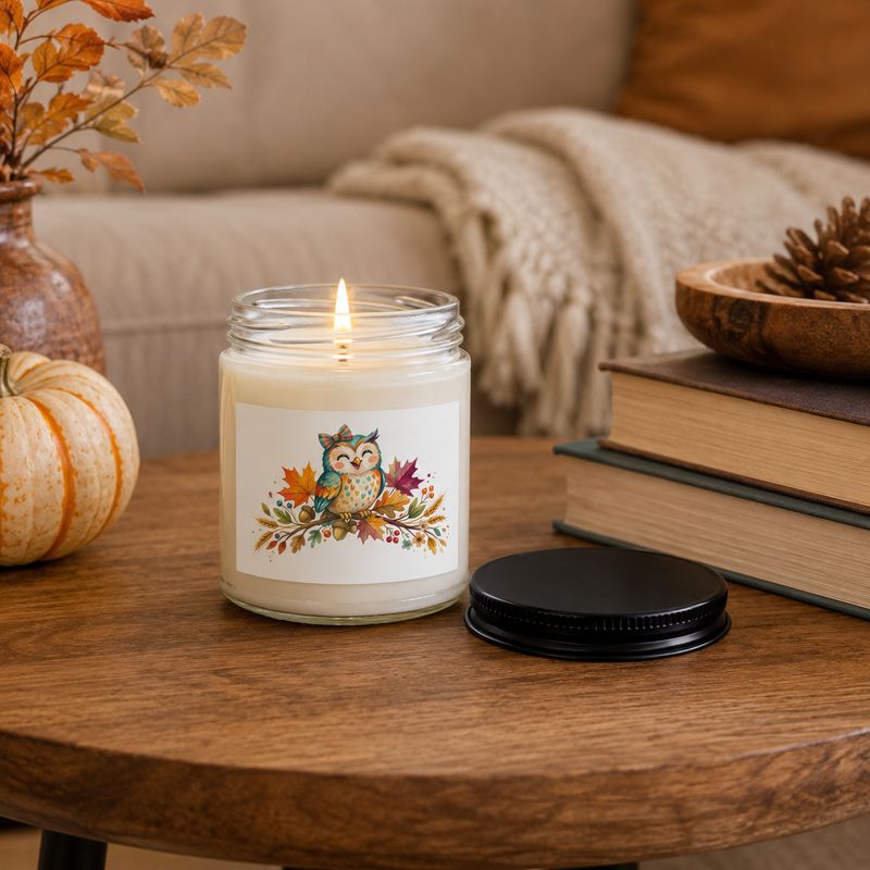 Lit 9 oz autumn owl soy candle on a wooden coffee table with pumpkin, books, pinecone, and cozy throw.