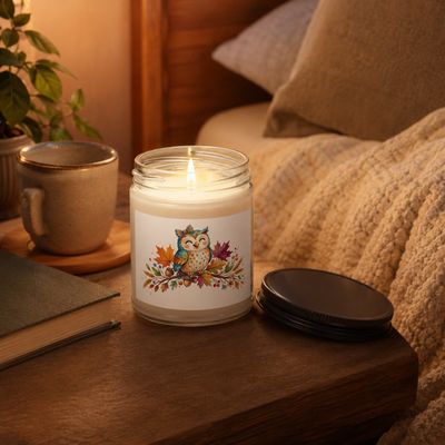 Lit 9 oz autumn owl soy candle on a warm bedside table with mug, book, plant, and chunky knit blanket.