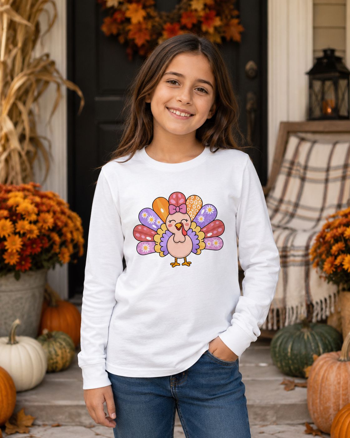 Girl wearing a white kids long sleeve turkey shirt on an autumn porch with pumpkins and mums.