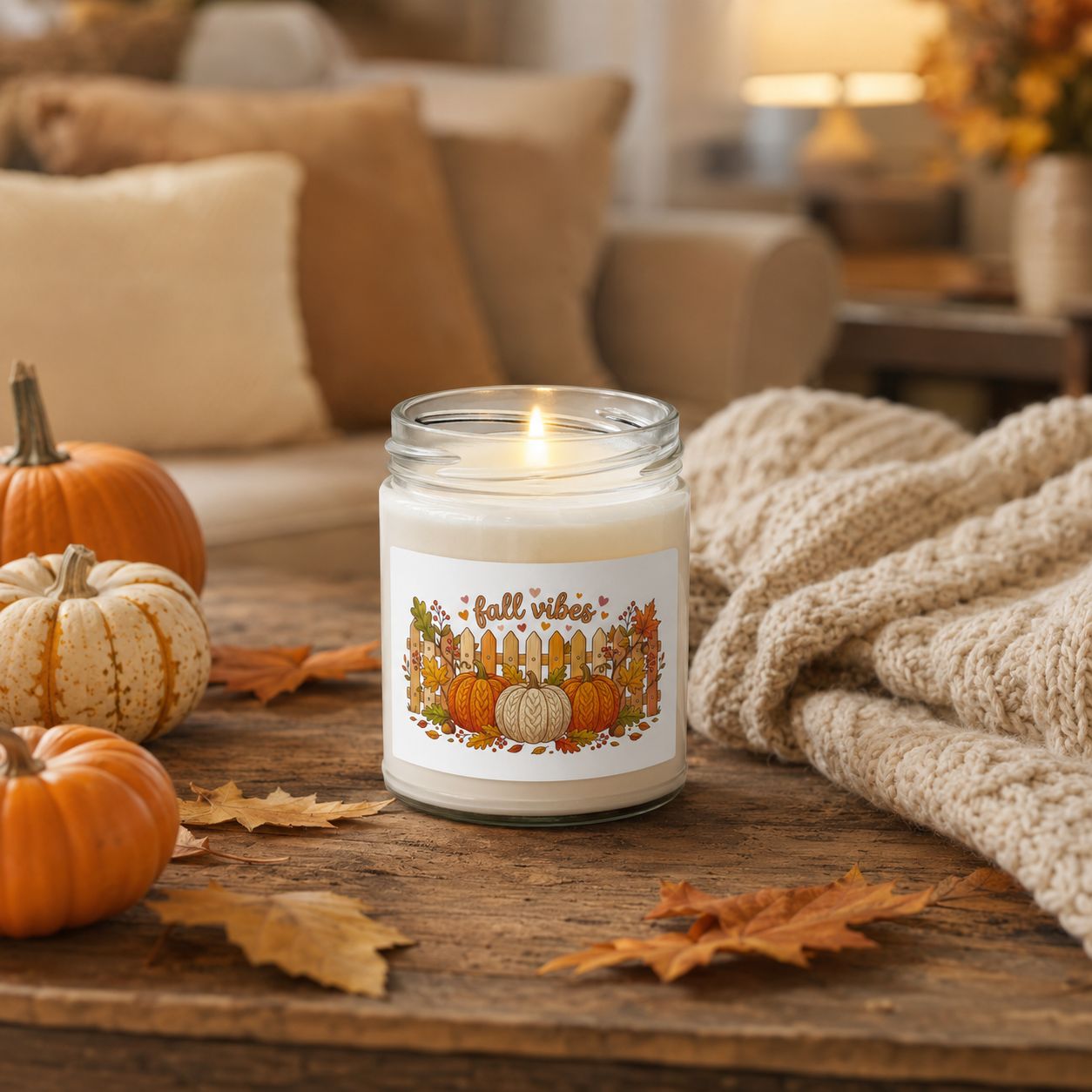 Lit 9 oz Fall Vibes soy candle on a rustic table with pumpkins, autumn leaves, and a cozy knit blanket.