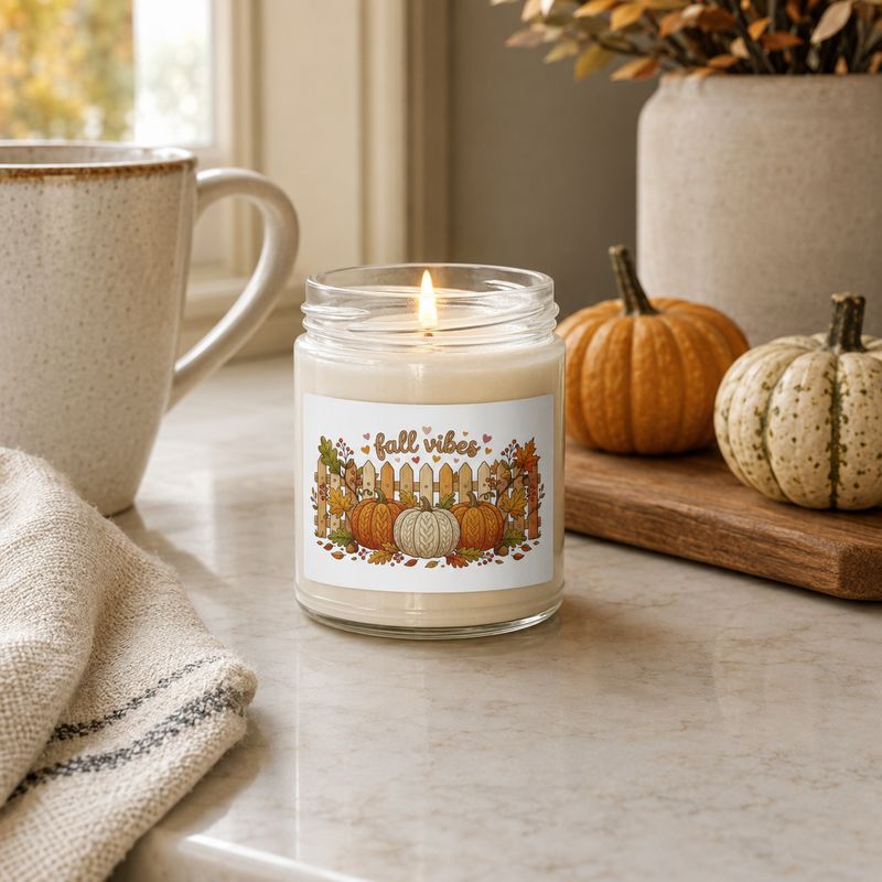 Lit 9 oz Fall Vibes soy candle styled on a kitchen counter with a mug, mini pumpkins, and neutral fall décor.
