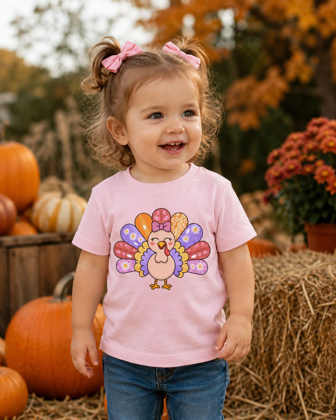 Toddler girl wearing a pink 2T Thanksgiving turkey T-shirt at a festive fall pumpkin patch.