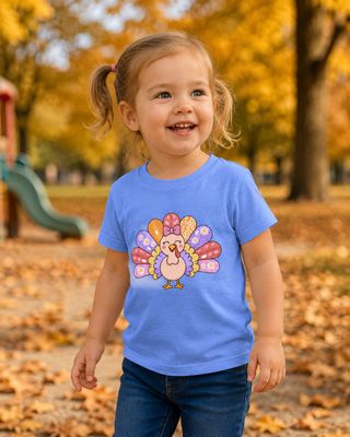 Toddler girl wearing a blue 3T Thanksgiving turkey T-shirt in a colorful autumn playground.
