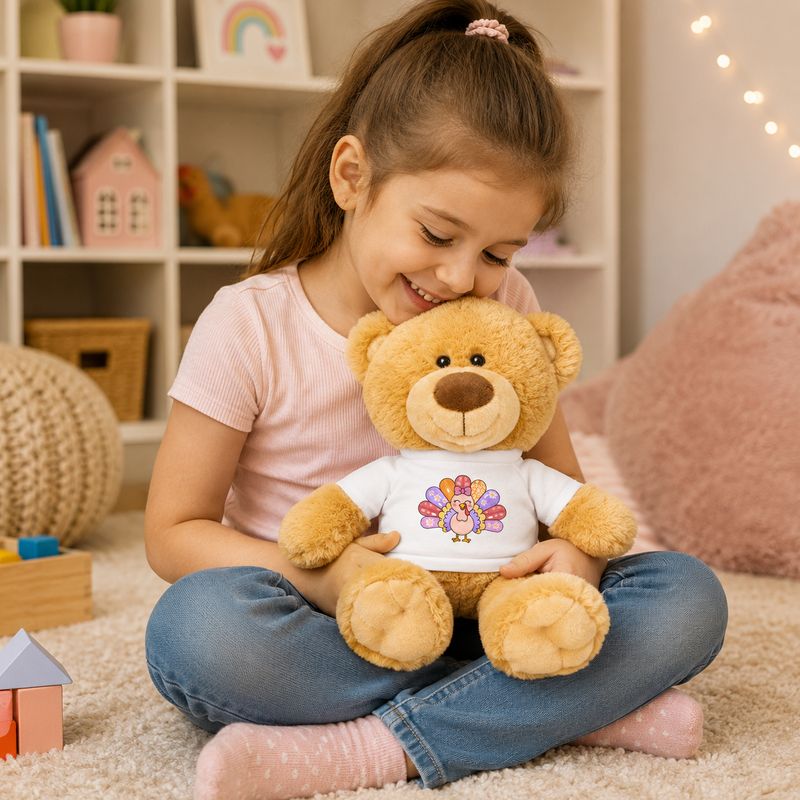 Little girl cuddling a teddy bear wearing a colorful Thanksgiving turkey T-shirt in a cozy playroom.