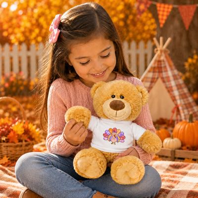 Little girl in fall clothing holding a Thanksgiving turkey teddy bear outdoors with pumpkins and autumn leaves.