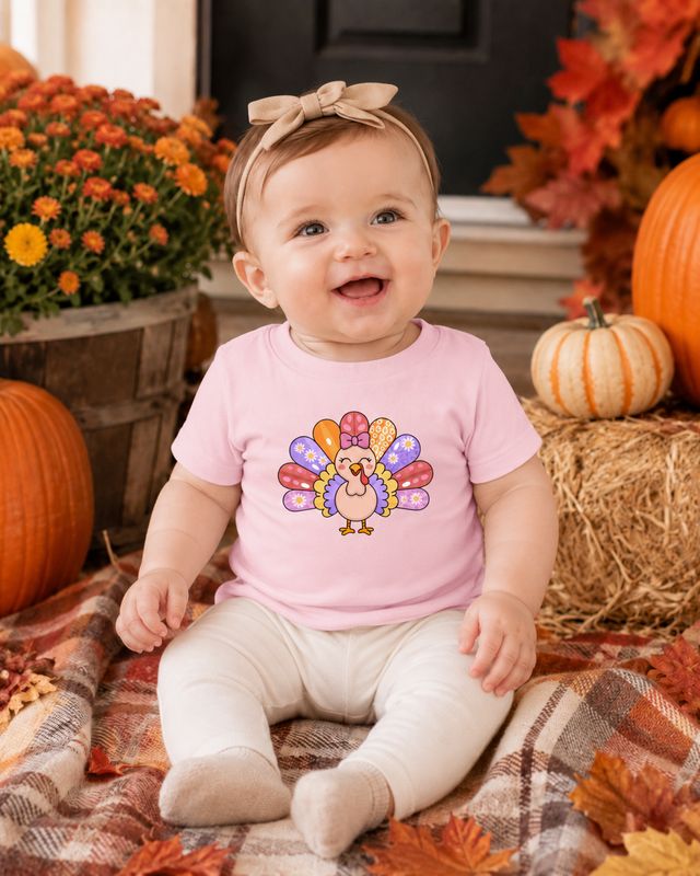 Baby girl in pink turkey T-shirt sitting on a plaid blanket surrounded by pumpkins and autumn decorations.