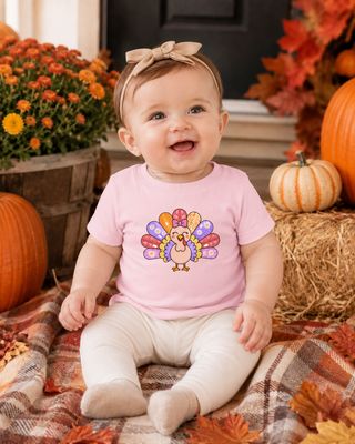 Baby girl in pink turkey T-shirt sitting on a plaid blanket surrounded by pumpkins and autumn decorations.