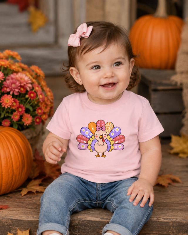 Baby girl in pink turkey T-shirt sitting on porch steps with pumpkins, mums, and colorful fall leaves.