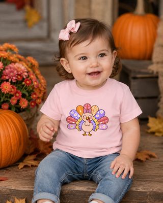 Baby girl in pink turkey T-shirt sitting on porch steps with pumpkins, mums, and colorful fall leaves.