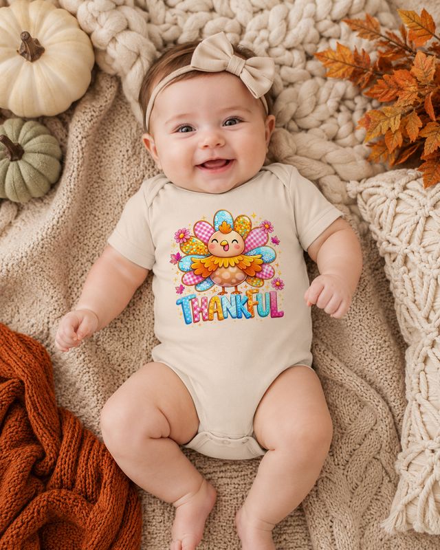 Baby girl in natural 3–6 month Thankful turkey bodysuit on knit blankets with pumpkins and fall leaves.