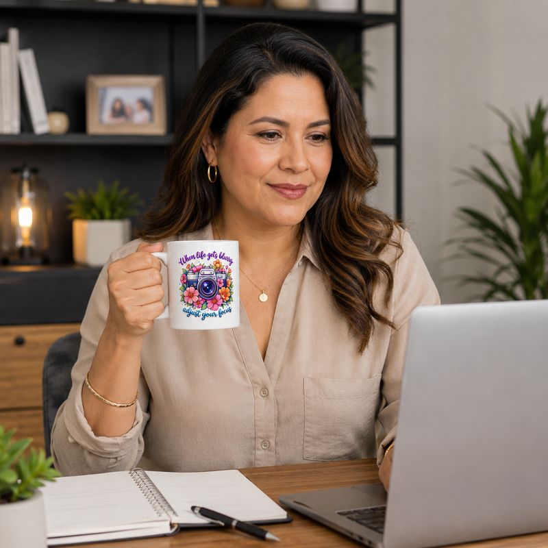 Latina woman using an 11 oz floral camera coffee mug at a home office desk with a laptop and notebook.
