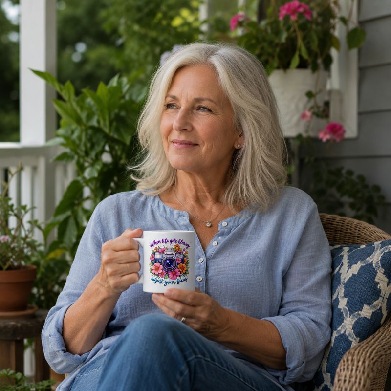 Older woman holding an 11 oz floral camera mug with an inspirational focus quote on a plant-filled porch.