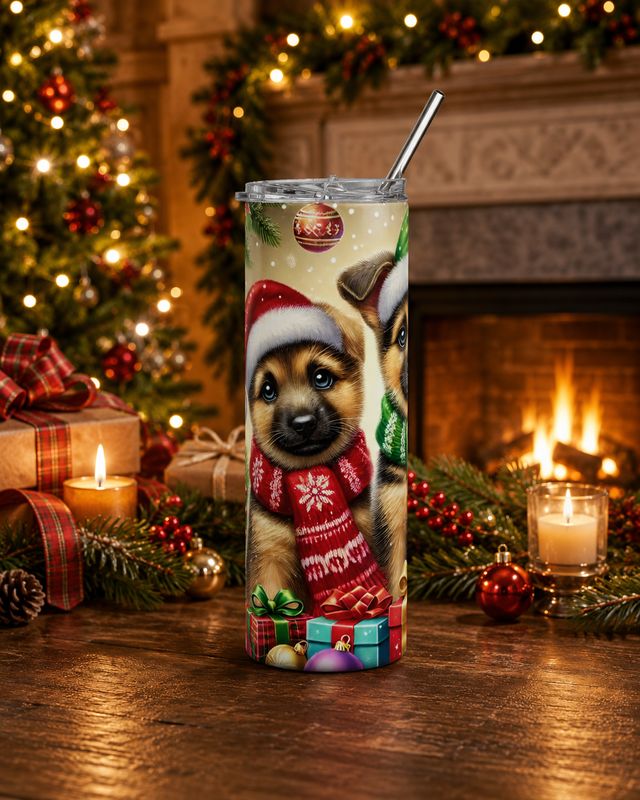 20 oz Christmas puppy tumbler with red scarf design in a cozy fireplace scene with candles, gifts, and garland.