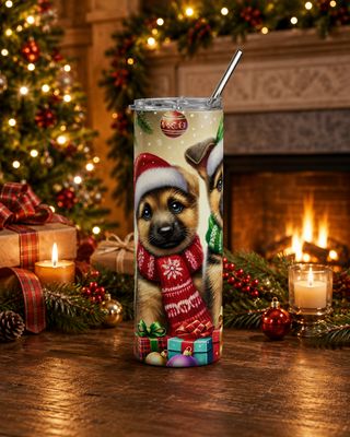 20 oz Christmas puppy tumbler with red scarf design in a cozy fireplace scene with candles, gifts, and garland.