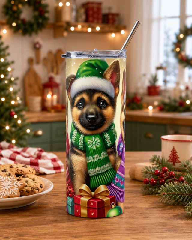 20 oz Christmas puppy tumbler with green scarf design displayed in a festive kitchen with cookies and greenery.