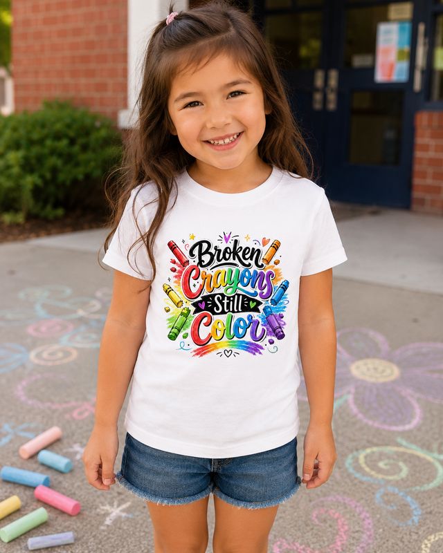 Smiling girl in white Broken Crayons Still Color T-shirt standing on chalk art outside a school building.