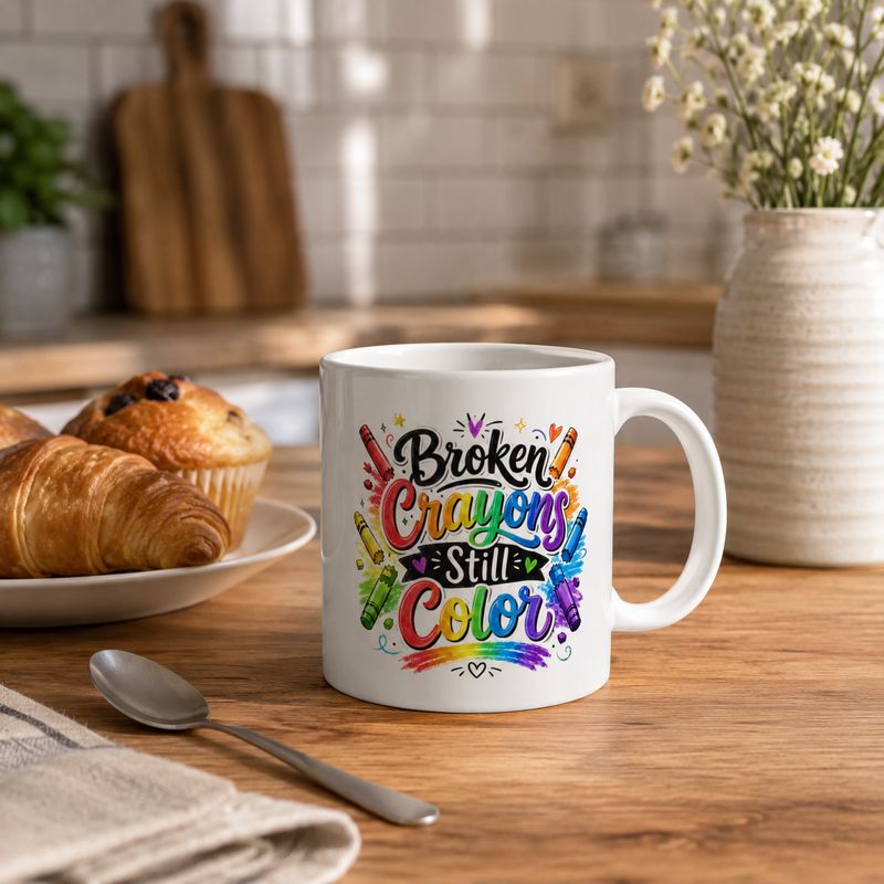 11 oz “Broken Crayons Still Color” mug on a cozy kitchen table with pastries and warm morning light.
