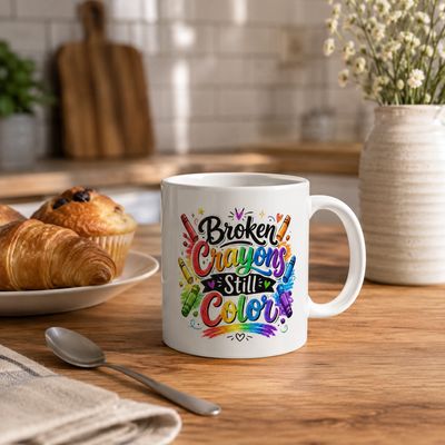 11 oz “Broken Crayons Still Color” mug on a cozy kitchen table with pastries and warm morning light.