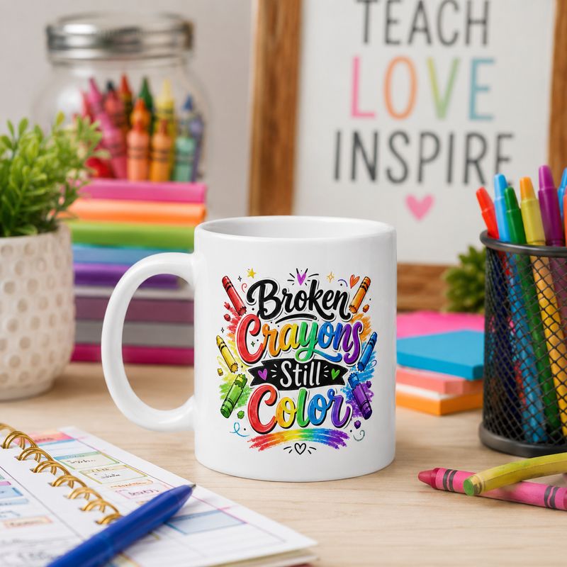 20 oz “Broken Crayons Still Color” teacher mug displayed with colorful school supplies and lesson-planning materials.